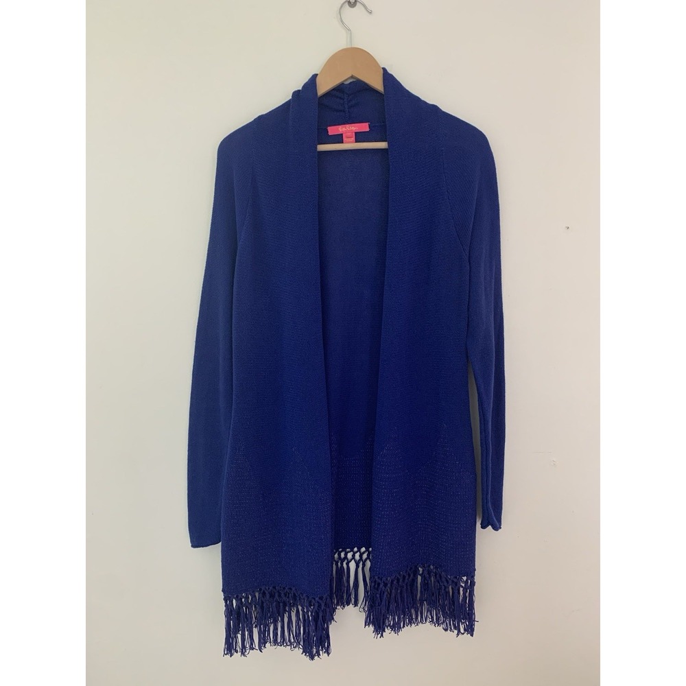 Lilly Pulitzer Tatum Long Fringe Hem Cardigan Blue/Purple M Cozy Palm Beach Luxe